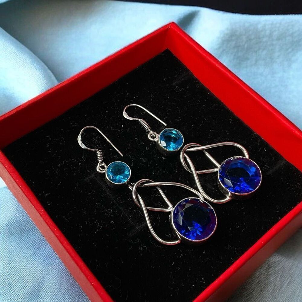 Vtg Silver Earrings Stone-Tanzanite Blue Topaz Handmade Drop Dangle 2.24" Boho